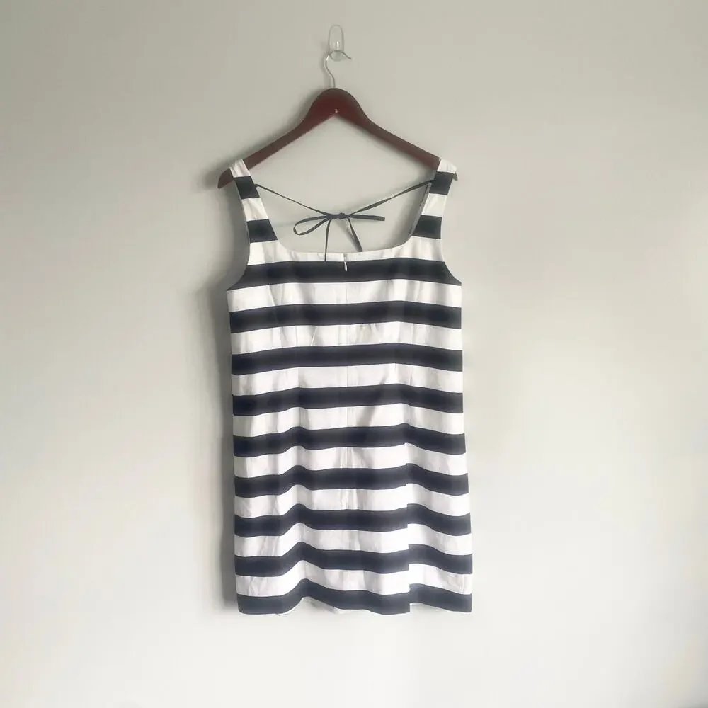 NWT Ann Taylor Square Neck Sleeveless Shift Dress Black White Linen Mini Size 10